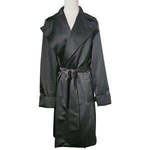 Talbots Womens Black Belted Trench Coat L 100% Polyester Outer Double Breasted D